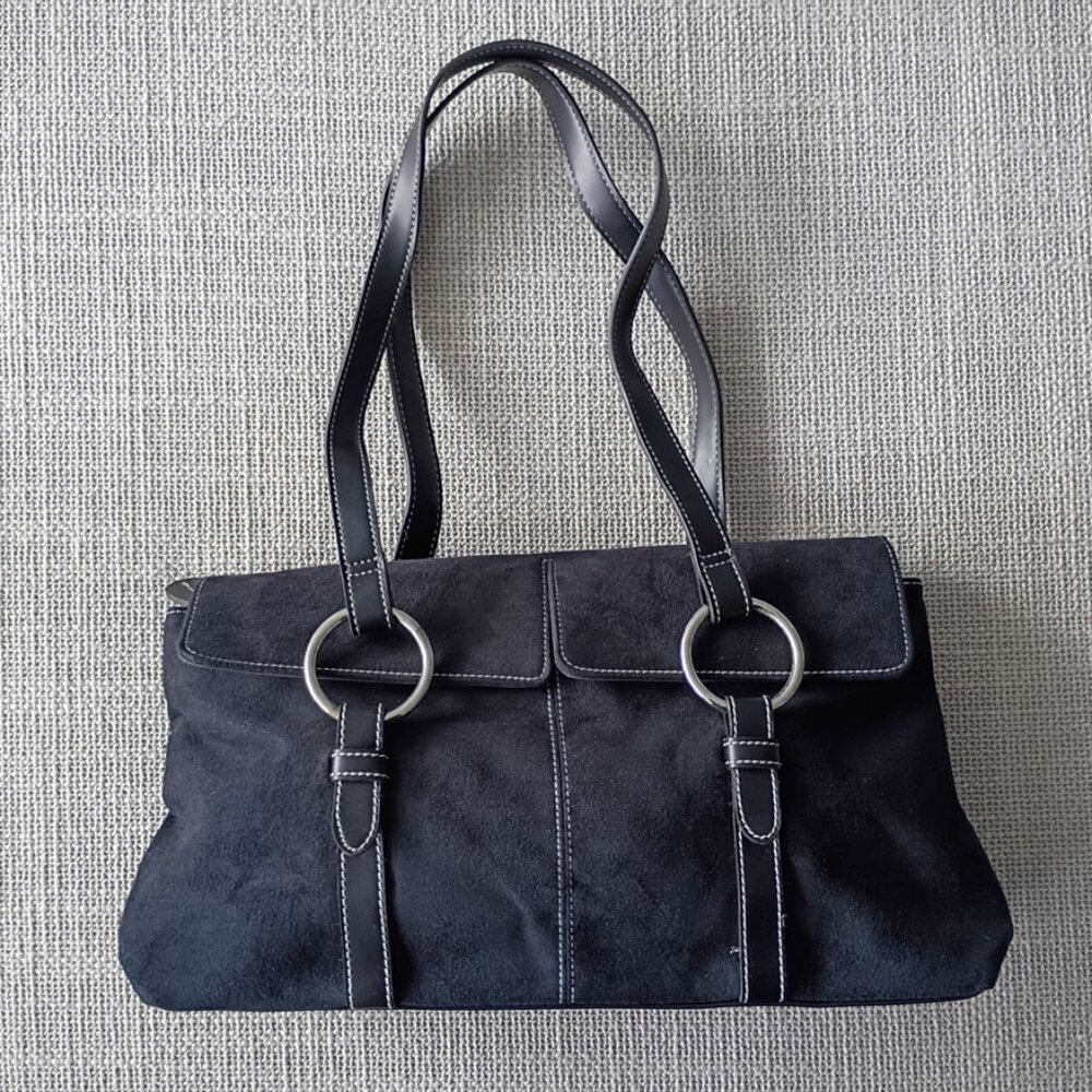 Estée Lauder Soft Black Suede Shoulder Bag Double Silver Ring Detail